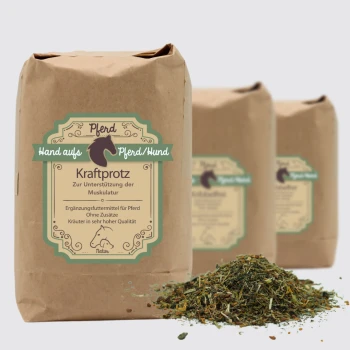 Braune Papiertüte mit der Aufschrift "Kraftprotz" und einem Pferdegrafik, die ein Kräuterergänzungsmittel für Pferde und Hunde enthält, mit losen Kräutern, die davor ausgekippt sind.
