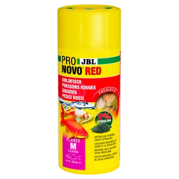 Żółty cylindryczny pojemnik JBL Pro Novo Red na płatki rybne dla złotych rybek, z obrazkami złotych rybek, napisem 'Prebiotic' i '2% Spirulina'.
