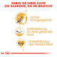 Infografik, die die Vorteile von Katzenfutter bewirbt: hoher Energiegehalt, Unterstützung für gesunde Haut und Herzfunktion, mit deutschem Text.
