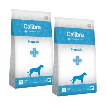 Calibra Veterinary Diets Hepatic Hundefutterbeutel, mit einem blauen Design und einer Silhouette eines Hundes sowie einem medizinischen Kreuzsymbol.