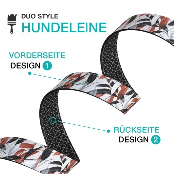Duo Style Hundeleine mit zwei Designs: Vorderseite mit floralem Muster und Rückseite mit geometrischem Muster.