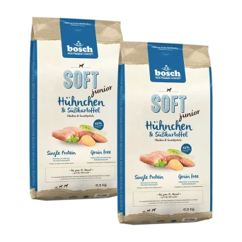 Zwei Säcke Bosch Soft Junior Hundefutter, mit Huhn und Süßkartoffel, als getreidefrei und mit einer Proteinquelle gekennzeichnet, jeweils 12,5 kg.