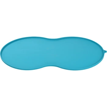 Tapis de nourriture pour animaux en silicone bleu de forme ovale, conçu pour attraper les éclaboussures et garder les zones de repas propres.