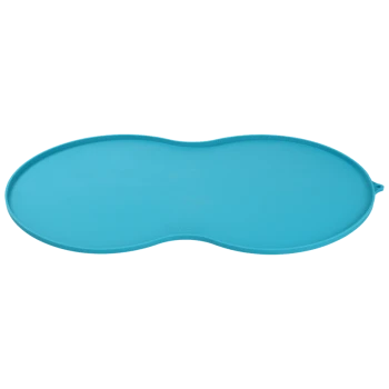 Blue silicone pet feeding mat with an oval shape, designed to catch spills and keep feeding areas clean.