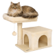 Cremefarbener Katzenbaum mit einer oberen Plattform, einem Kratzbaum und einem gemütlichen Versteck mit zwei Eingängen.