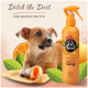 Deodorierendes Spray für Haustiere, beschriftet mit "Pet Head", mit einem Orangenduft und Aloe Vera, vor dem Hintergrund eines Hundes und Orangenscheiben.