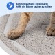 Katzenpfoten auf einer grauen Schmutzfang-Streummatte mit deutschem Text „Schmutzauffang-Streummatte hilft, die Böden sauber zu halten“.