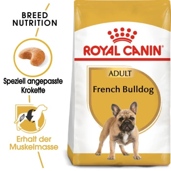 Französische Bulldogge Adult 3 kg Royal Canin Adult French Bulldog Hundefutterbeutel, mit rassespezifischen Ernährungsdetails und einer Illustration von Kroketten.