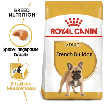 Royal Canin Adult French Bulldog Hundefutterbeutel, mit rassespezifischen Ernährungsdetails und einer Illustration von Kroketten.