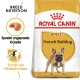 Royal Canin Adult French Bulldog Hundefutterbeutel, mit rassespezifischen Ernährungsdetails und einer Illustration von Kroketten.