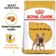 Royal Canin Adult French Bulldog Hundefutterbeutel, mit rassespezifischen Ernährungsdetails und einer Illustration von Kroketten.
