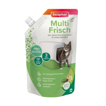 Beaphar Multi Frisch Katzenstreu-Deodorantbeutel mit Katzenbild, mit Text, der die Vorteile der probiotischen Technologie und Frische hervorhebt.