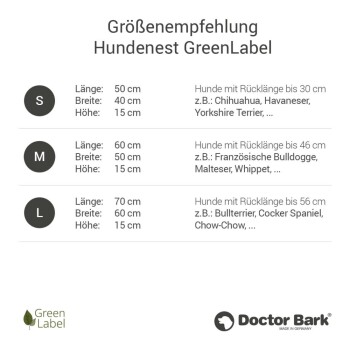 Größenvorschläge für das GreenLabel-Haustierbett: S (50x40x15 cm) für kleine Rassen, M (60x50x15 cm) für mittelgroße Rassen, L (70x60x15 cm) für größere Rassen.