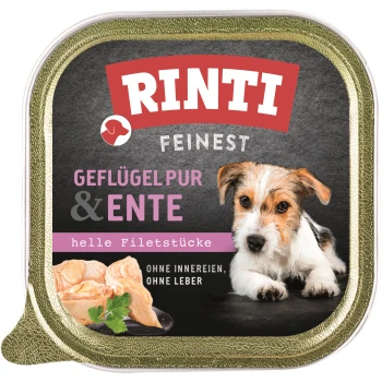 Rinti Feinst Geflügelpur & Ente Hundefutterverpackung mit einem kleinen Hund neben hellen Fleischstücken, mit dem Text 'ohne Innereien, ohne Leber.'