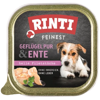 Rinti Feinst Geflügelpur & Ente Hundefutterverpackung mit einem kleinen Hund neben hellen Fleischstücken, mit dem Text 'ohne Innereien, ohne Leber.'