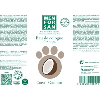 Menforsan Eau de Cologne für Hunde, Kokosnussduft, 125 ml. Gebrauchsanweisung und Zutaten in mehreren Sprachen aufgeführt. Vegan-freundlich.