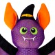 Purple bat plush toy with big orange ears, green embroidered eyes, white fangs and a black witch hat with yellow buckle