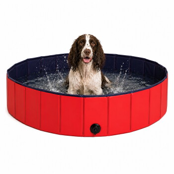 Runder, rot und marineblauer Haustierpool mit einem Ablassventil, entworfen für Haustiere zum Spielen und Abkühlen.
