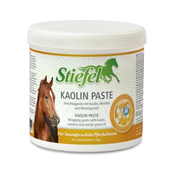 Behälter für Stiefel Kaolin Paste für Pferde, mit einem Bild eines braunen Pferdes, mit Text, der die Inhaltsstoffe beschreibt: Kaolin, Menthol, Wintergrünöl.
