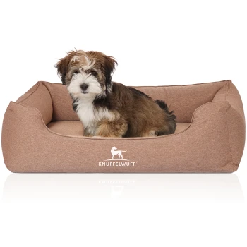 Ein kleiner, flauschiger Hund sitzt bequem in einem gemütlichen braunen Hundebett mit dem Logo "KNUFFELWUFF", das auf der Vorderseite angezeigt wird.