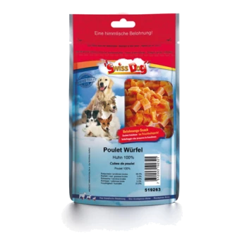 Verpackung für Hundeleckerlis der Marke Swiss Dog, mit rotem Deckel, Bildern von Hunden und dem Text "Poulet Würfel, Huhn 100%".