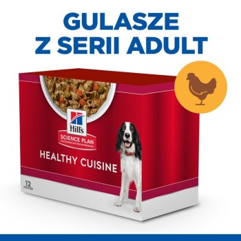 Opakowanie karmy dla psów z napisem "Hill's Science Plan Healthy Cuisine" z miską gulaszu, obrazem psa i ikoną kurczaka.