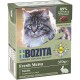 Eine Box mit Bozita Fresh Menu Katzenfutter, die eine Maine Coon Katze auf der Vorderseite zeigt, mit der Aufschrift 'Kaninchen' und 89% tierischen Zutaten, 370g.