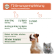 Fütterungsempfehlungstabelle für Haustiere, die die tägliche Dosierung für Hunde und Katzen basierend auf dem Gewicht zeigt, mit Bildern eines Hundes und einer Katze.