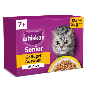 Purpurfarbene Whiskas Senior Katzenfutterverpackung, graue Katze; sichtbarer Text: 7+, Whiskas, Senior, Geflügel Auswahl, in Gelee, 12x85g.