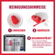 REINIGUNGSHINWEISE: rotes KONG-Spielzeug einweichend, gebürstet und im Geschirrspüler. Gezeigte Schritte: 1 EINWEICHEN 2 ABBÜRSTEN 3 GESCHIRRSPÜLER.