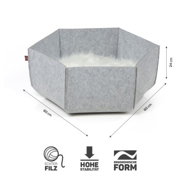 Grau oktagonales Haustierbett mit einem weichen weißen Innenraum, 60 cm breit und 24 cm hoch, mit Symbolen für Stabilität und ergonomisches Design.