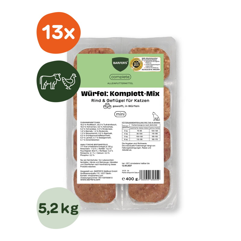 BARFER'S Würfel: Komplett-Mix Rind & Geflügel für Katzen 25x400 g