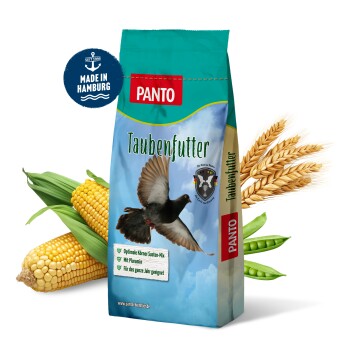 PANTO Taubenfutterbeutel mit einer fliegenden Taube, mit Text, der hochwertige Komponenten hervorhebt und mit Vitalkörnchen Pluramin® angereichert ist.