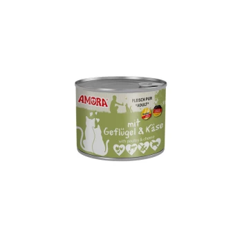 Dose AMORA Katzenfutter, grünes Etikett mit der Aufschrift 'mit Geflügel & Käse / with poultry & cheese' und 'Fleisch Pur • Adult', Katzensilhouetten.
