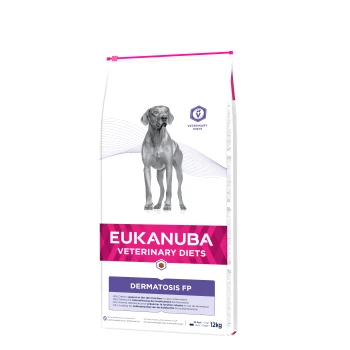 Eukanuba Veterinary Diets Dermatosis FP Hundefutterbeutel, mit einer grauen Hundesilhouette, 12 kg Größe, mit Text zur Hautunterstützung bei dermatologischen Problemen.