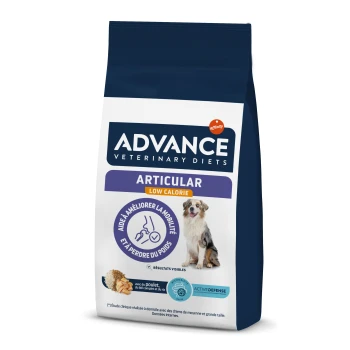 Sac de nourriture pour chien Advance Veterinary Diets Articular Low Calorie avec une image de chien, avec un texte mettant en avant les avantages pour la mobilité et la perte de poids.