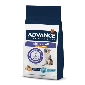 Sac de nourriture pour chien Advance Veterinary Diets Articular Low Calorie avec une image de chien, avec un texte mettant en avant les avantages pour la mobilité et la perte de poids.