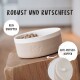 Eine robuste, rutschfeste Futterschüssel für Haustiere, gefüllt mit Trockenfutter, auf einer Holzoberfläche platziert. Der Text lautet "Robust und rutschfest" und "Kein umkippen."