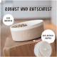 Eine robuste, rutschfeste Futterschüssel für Haustiere, gefüllt mit Trockenfutter, auf einer Holzoberfläche platziert. Der Text lautet "Robust und rutschfest" und "Kein umkippen."