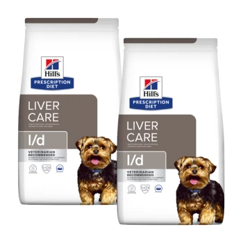 Hill's Prescription Diet Leberpflege Hundefutterbeutel mit einem Yorkshire Terrier auf der Vorderseite, beschriftet mit "Vom Tierarzt empfohlen."