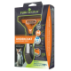 FURminator Undercoat deShedding Tool Verpackung, orangenes Medium (M) Werkzeug für langes Hundehaar sichtbar, mit der Aufschrift 'Entfernt bis zu 99 % loses Haar'.