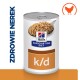 Karma w puszce Hill's Prescription Diet k/d, z łyżką miękkiego, brązowego jedzenia na etykiecie, z napisem "ZDROWIE NEREK".