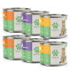 Sechs bunte Dosen Fellicità Katzenfutter in den Geschmacksrichtungen Ente, Kaninchen und Hähnchen, die hochwertige, monoproteinische Zutaten hervorheben.