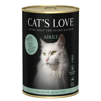 Dose mit Cat's Love Katzenfutter, die eine weiße Katze auf dem Etikett zeigt, gekennzeichnet mit "Erwachsene" und Truthahn als Hauptzutat, Premium-Qualität.