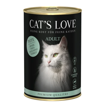 Dose mit Cat's Love Katzenfutter, die eine weiße Katze auf dem Etikett zeigt, gekennzeichnet mit "Erwachsene" und Truthahn als Hauptzutat, Premium-Qualität.