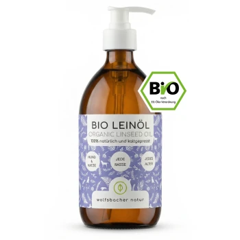 Flasche BIO Leinöl (Leinsamenöl) mit Pumpenspender, beschriftet mit "100% natürlich und kaltgepresst," für alle Hunde und Katzen.