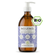 Flasche BIO Leinöl (Leinsamenöl) mit Pumpenspender, beschriftet mit "100% natürlich und kaltgepresst," für alle Hunde und Katzen.