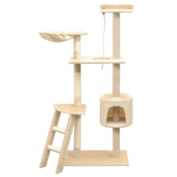 Ein beiger Katzenbaum mit mehreren Ebenen, einer Hängematte, einem Kratzbaum und einem gemütlichen Versteck, entworfen für das Spielen und Ausruhen von Katzen.
