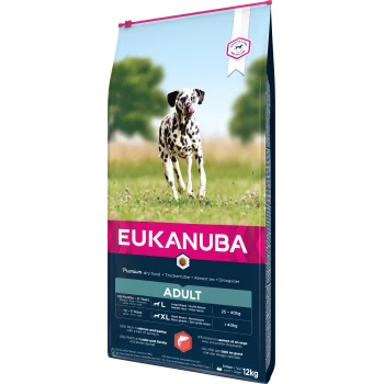 Large Breed Łosoś 12 kg Torba z premium karmą dla psów Eukanuba z figlarnym dalmatyńczykiem, z tekstem podkreślającym, że wspiera długie, zdrowe życie, odpowiednia dla dorosłych psów.
