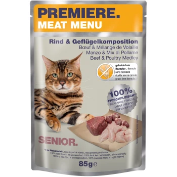 Emballage de nourriture pour chat avec un chat Bengal, étiqueté "Menu de Viande Première", mettant en avant le bœuf et la volaille, formule sans céréales et viande fraîche.